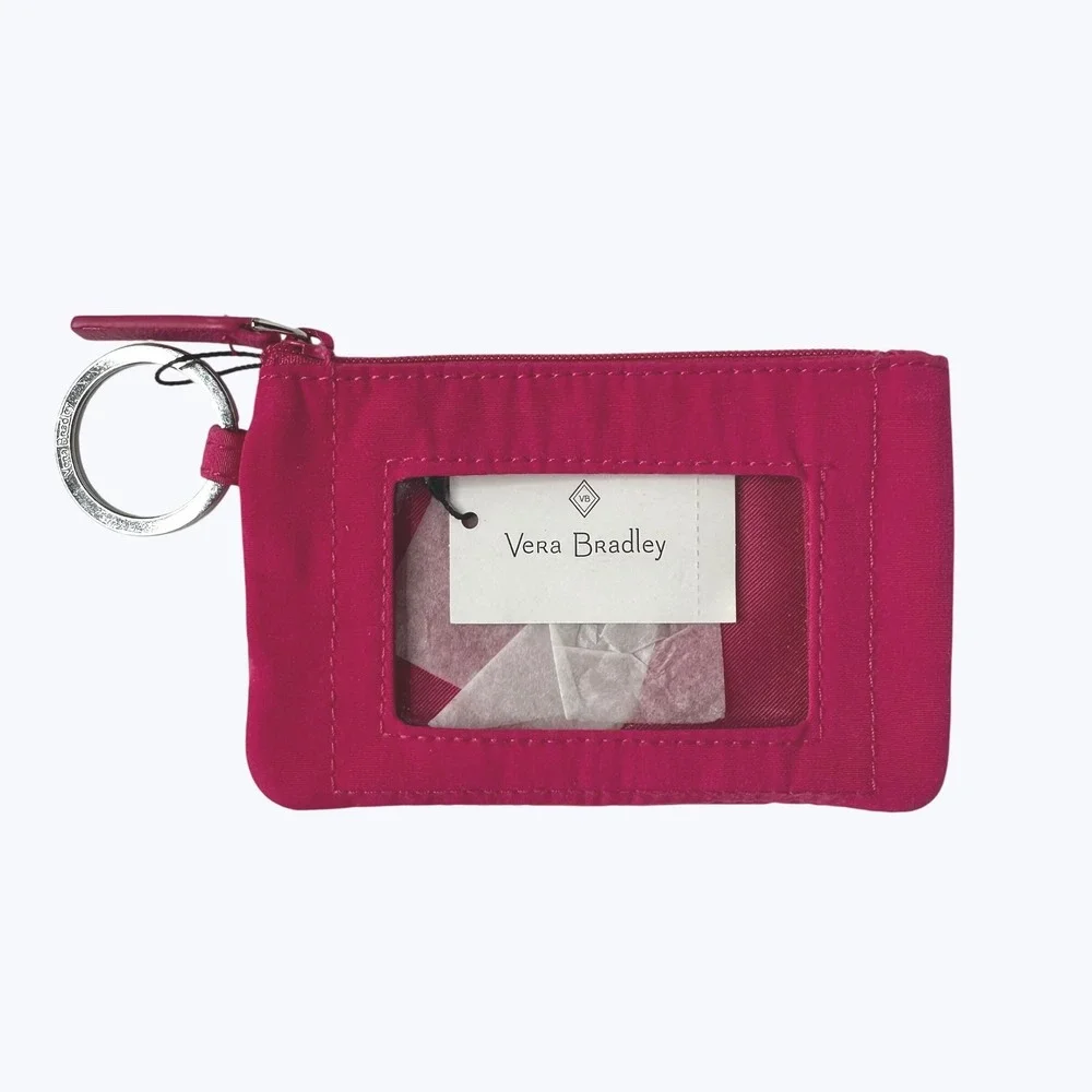 Vera Bradley Zip ID Case Fuchsia Pink Microfiber Keychain Wallet Travel NEW